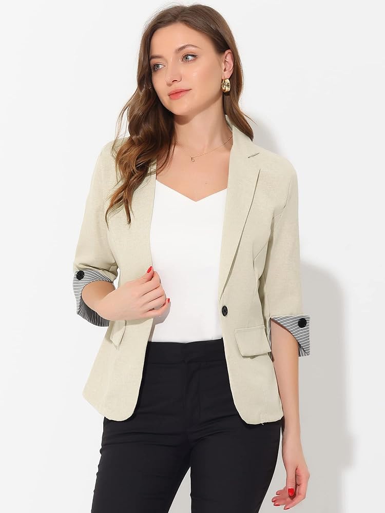 Allegra K Women's Suit Jacket Notched Lapel Collar 3/4